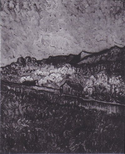 Campo cercado con vista a un paisaje montañoso de Vincent van Gogh